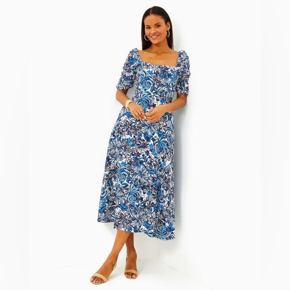 NWT LILLY PULITZER® Mylie Linen Midi Dress Size 8 Blue White Floral Vacation